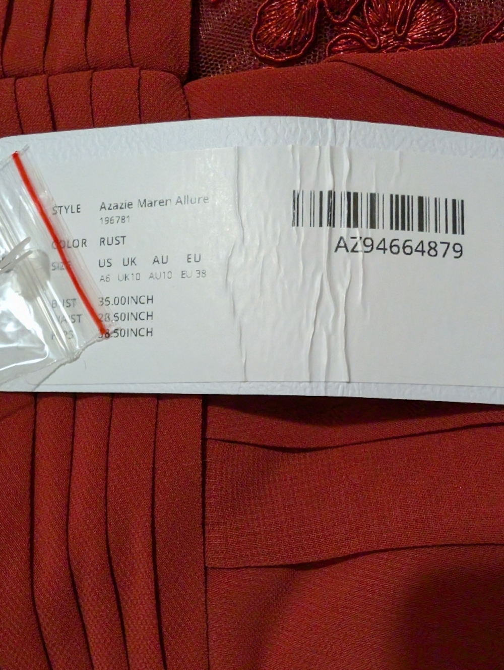 NWT Azazie Maren AllureScarlet A-Line V-Neck Lace Chiffon Dress Size A6 - Picture 15 of 16